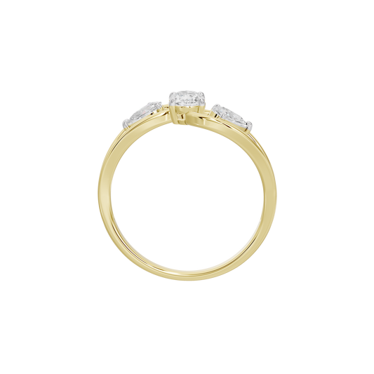 Yellow gold lab diamond ring, top view with three oval stones