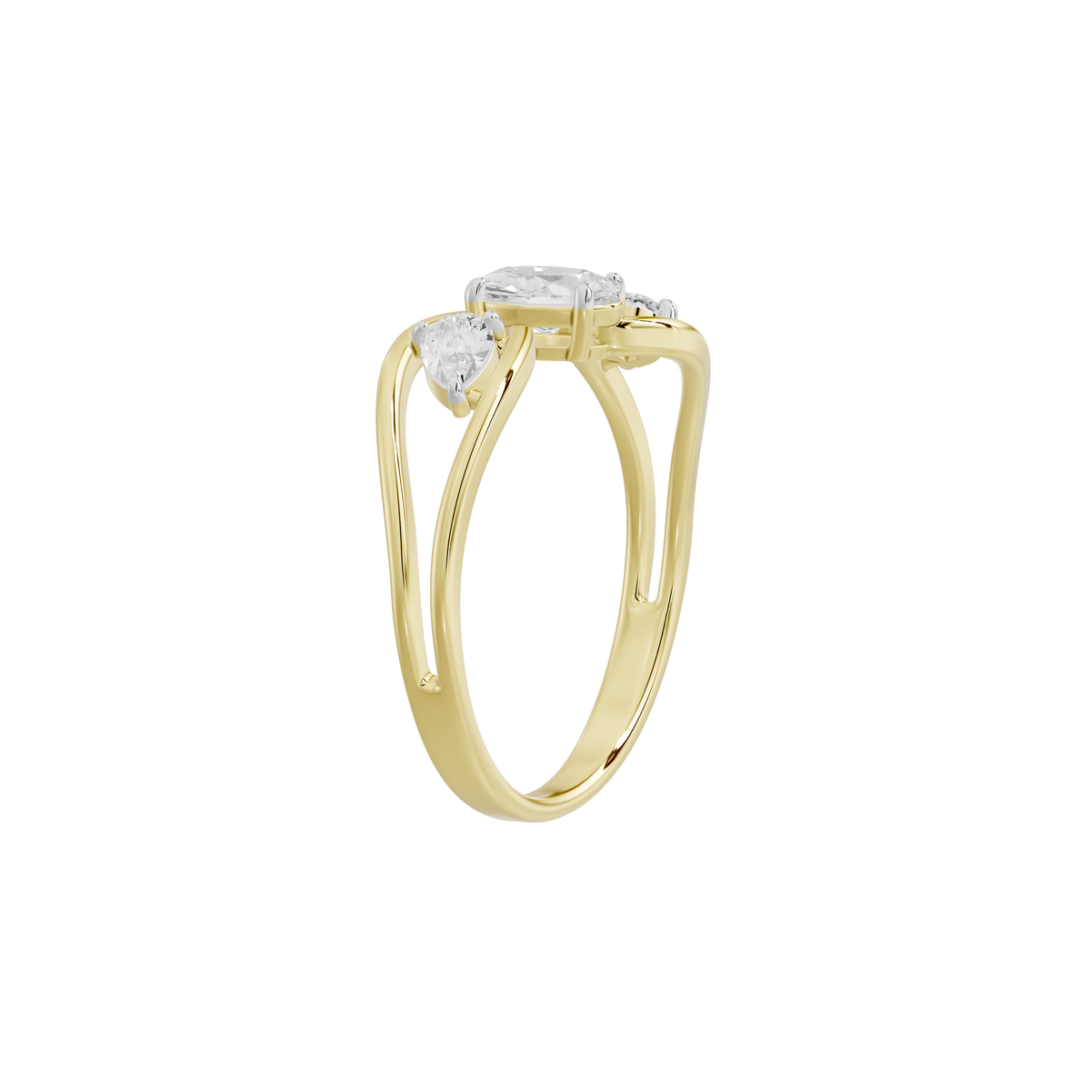 Yellow gold lab diamond ring with three oval stones, angled view