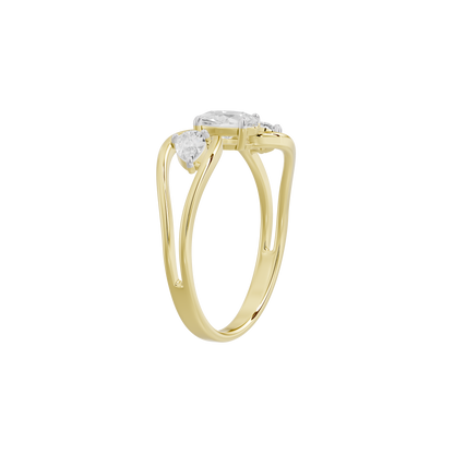 Yellow gold lab diamond ring with three oval stones, angled view