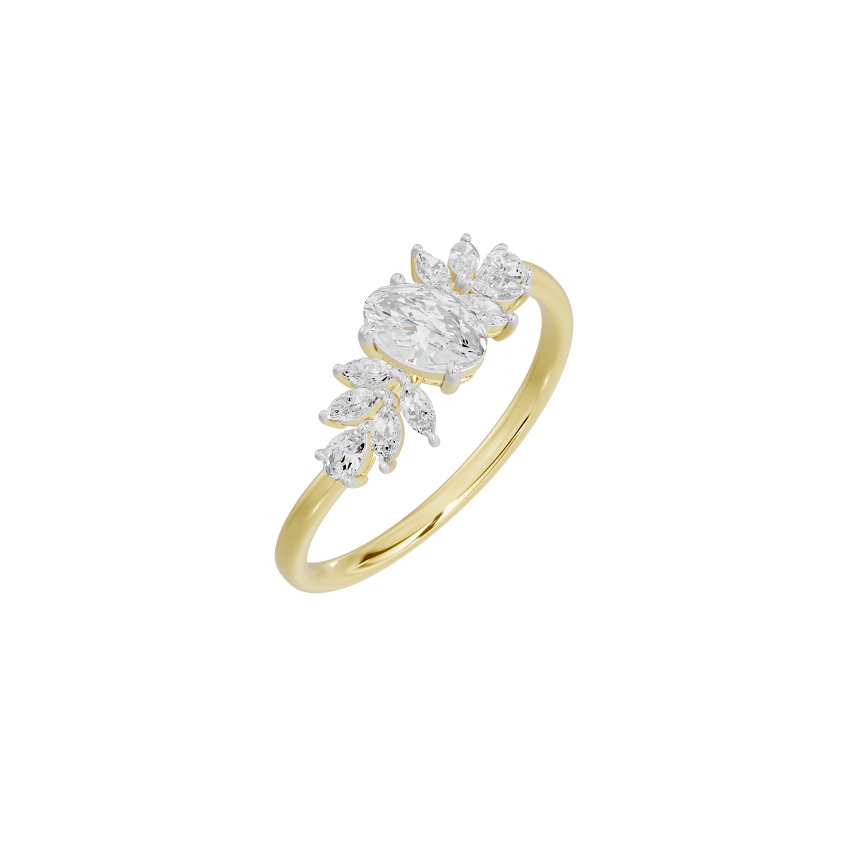 Gold lab diamond ring angled view; oval center stone with bow-like side stones