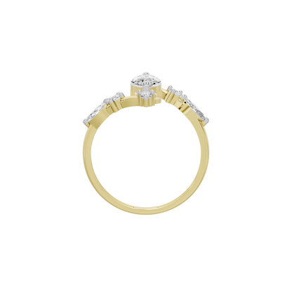 Yellow gold vermeil diamond ring, top view, oval center stone with prong-set sides
