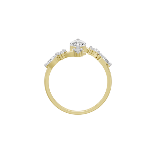 Yellow gold vermeil diamond ring, top view, oval center stone with prong-set sides