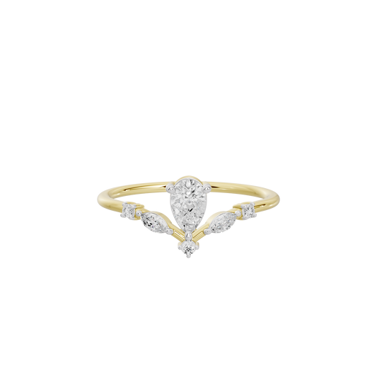 Yellow gold vermeil diamond ring with pear center and two marquise side stones