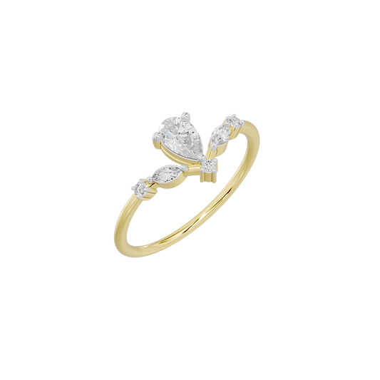 Yellow gold vermeil diamond ring, angled view with pear center and side diamond stones