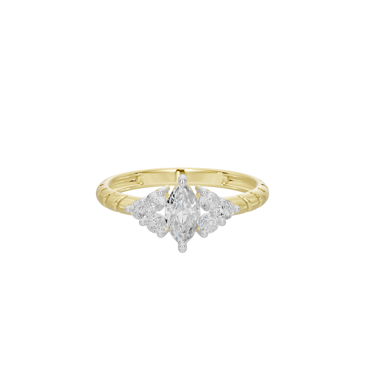 Yellow gold vermeil lab diamond ring with three marquise-style stones