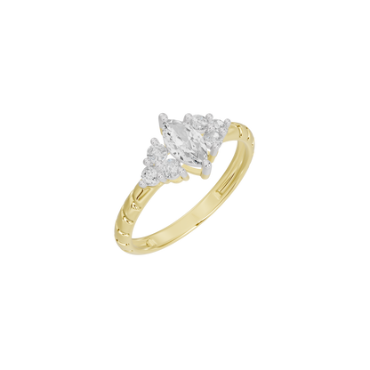 Yellow gold vermeil lab diamond ring, angled view of prong-set stones