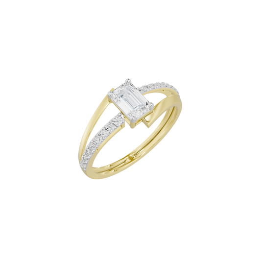 Angled view of yellow gold vermeil diamond ring with rectangular center stone