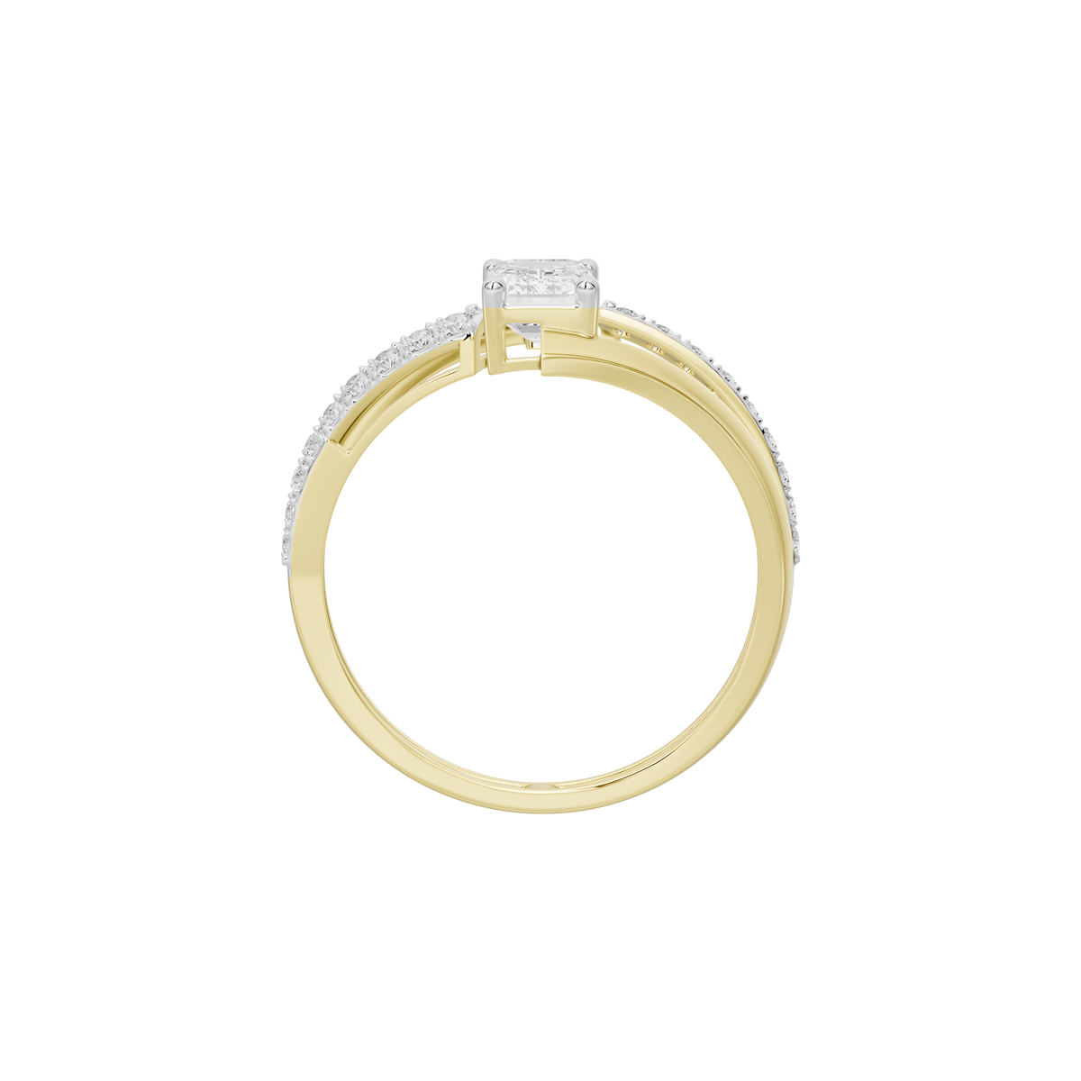 Top view of yellow gold vermeil diamond ring with rectangular center stone