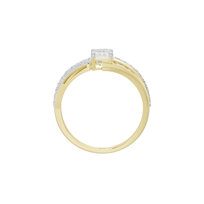 Top view of yellow gold vermeil diamond ring with rectangular center stone