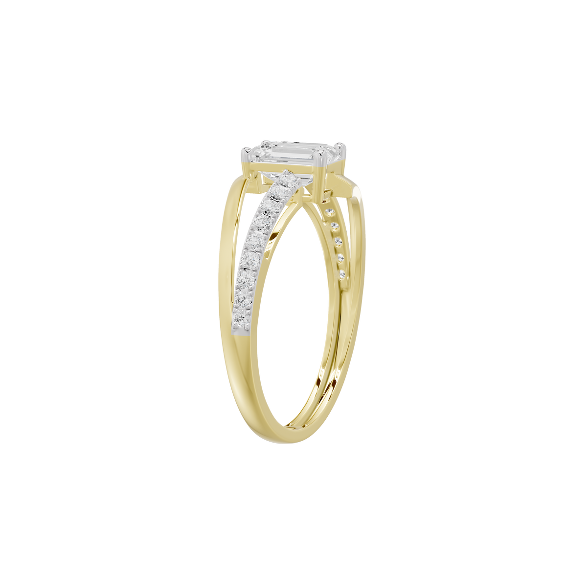 Lab diamond ring in yellow gold vermeil with a rectangular center stone and pavé band.