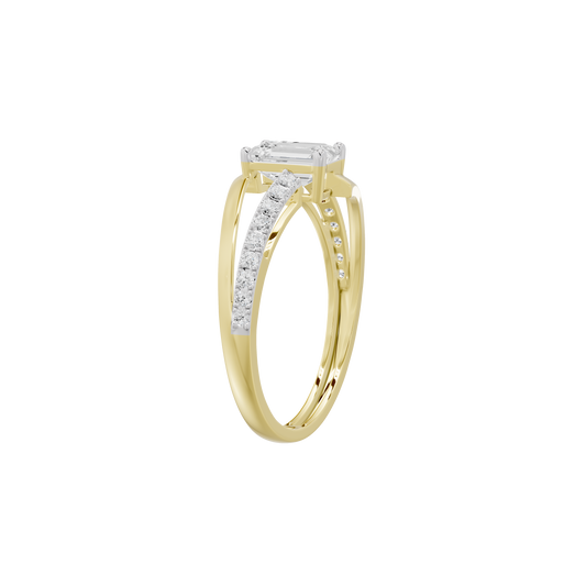 Lab diamond ring in yellow gold vermeil with a rectangular center stone and pavé band.