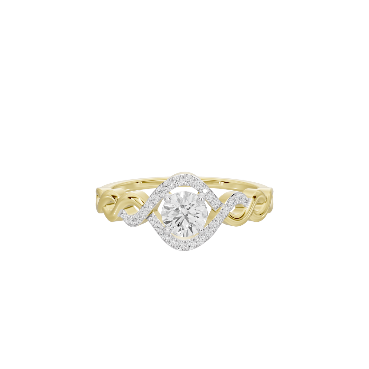 Two-tone diamond ring featuring a round center stone and sculpted yellow gold band