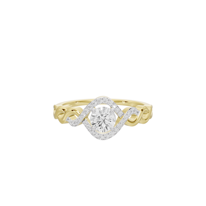 Two-tone diamond ring featuring a round center stone and sculpted yellow gold band