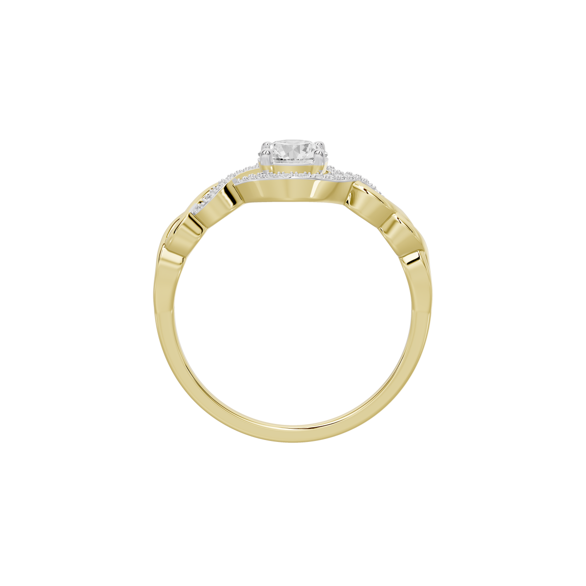 Private Signal lab diamond ring with a yellow gold band and round center stone, side view