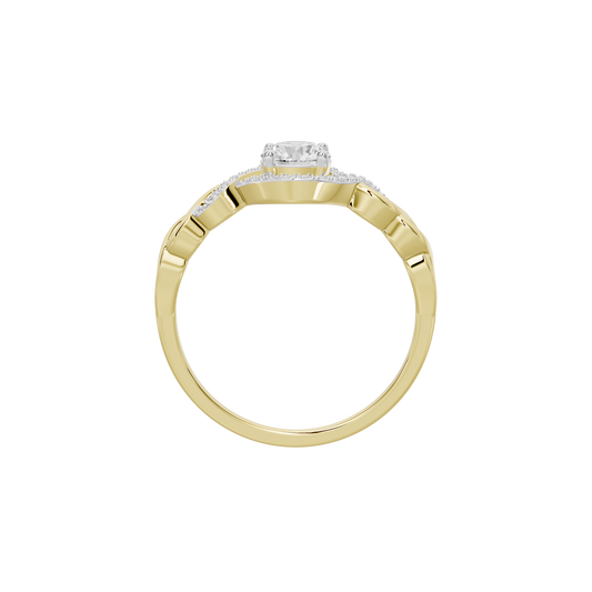 Private Signal lab diamond ring with a yellow gold band and round center stone, side view