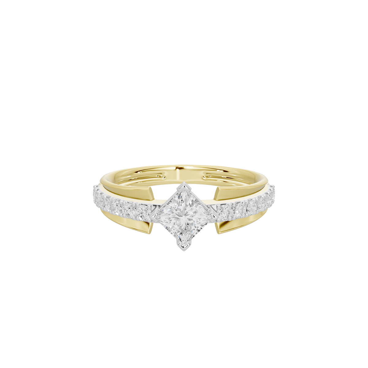 Yellow gold vermeil diamond ring with V-shaped gold setting and central diamond