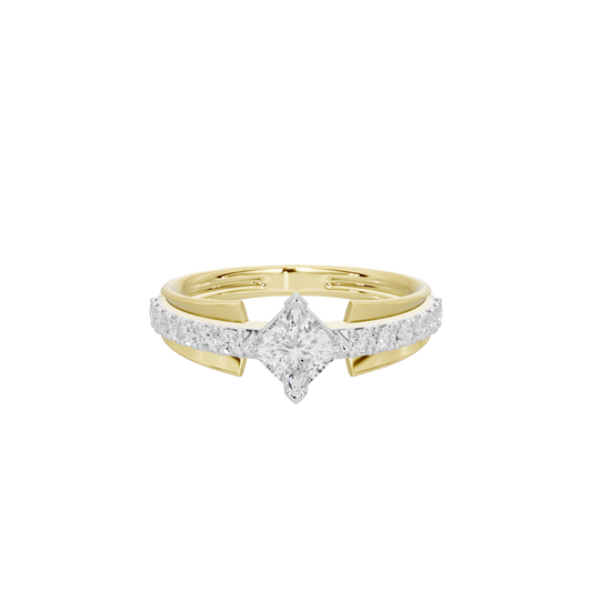 Yellow gold vermeil diamond ring with V-shaped gold setting and central diamond