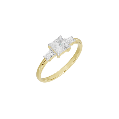 Yellow gold vermeil lab diamond ring with square-cut center stone, angled