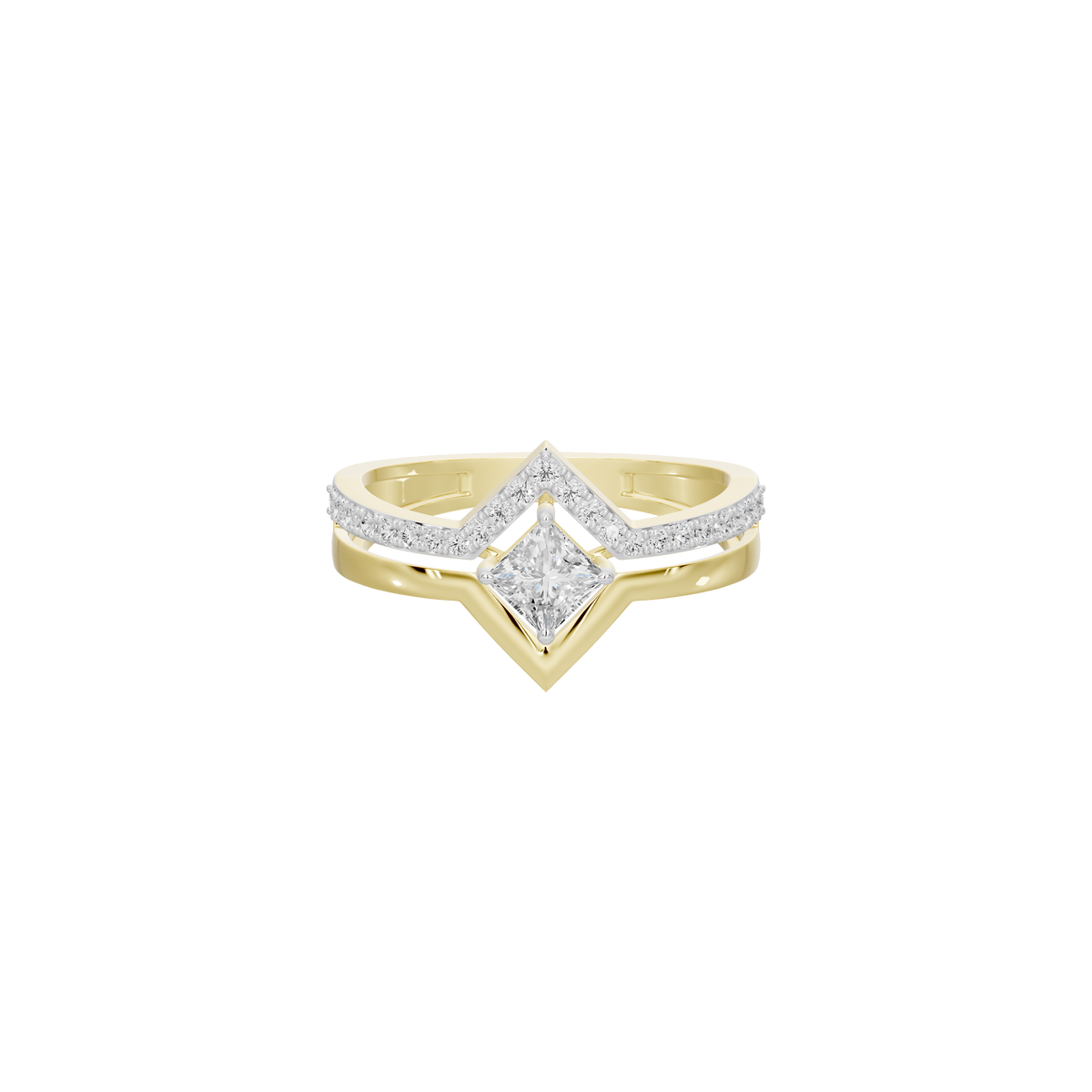 Yellow gold vermeil lab diamond ring, diamond-shaped halo with gold prongs