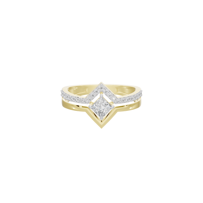 Yellow gold vermeil lab diamond ring, diamond-shaped halo with gold prongs