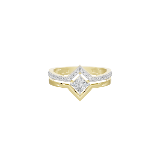 Yellow gold vermeil lab diamond ring, diamond-shaped halo with gold prongs