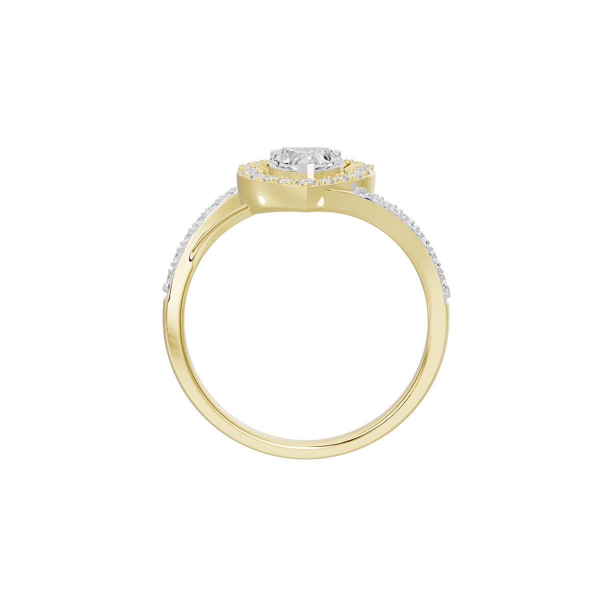 Yellow gold vermeil lab diamond ring, top view of heart halo on split band