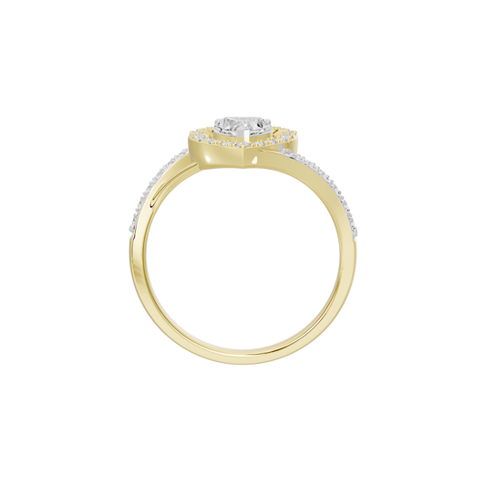 Yellow gold vermeil lab diamond ring, top view of heart halo on split band