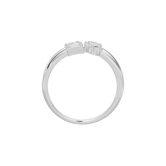 Sterling silver lab diamond ring top view with three prong-set stones on thin band