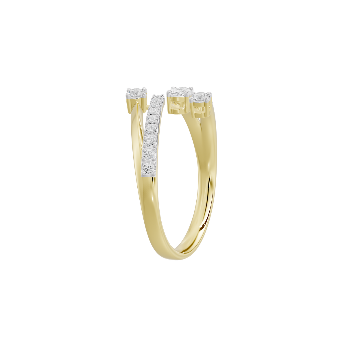 Yellow gold lab diamond ring with three round stone settings and pavé accents