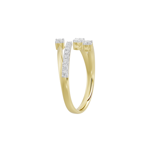 Yellow gold lab diamond ring with three round stone settings and pavé accents