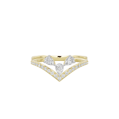 Yellow gold vermeil lab diamond ring with V-shaped double row and center pear stone