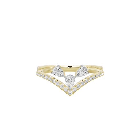 Yellow gold vermeil lab diamond ring with V-shaped double row and center pear stone