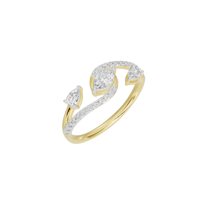 Lab diamond ring with yellow gold band, three marquise stones, and pavé accents