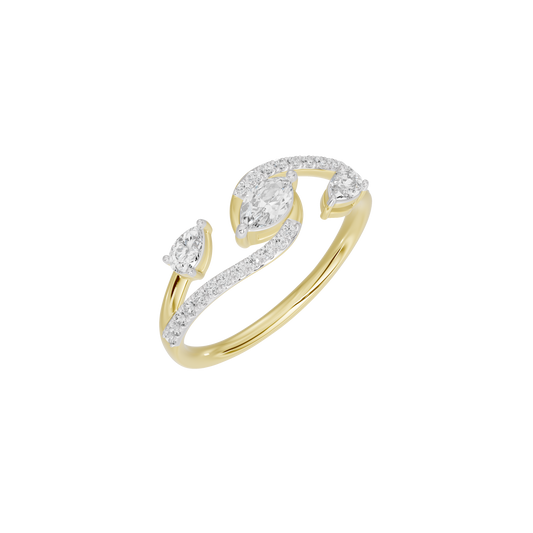 Lab diamond ring with yellow gold band, three marquise stones, and pavé accents