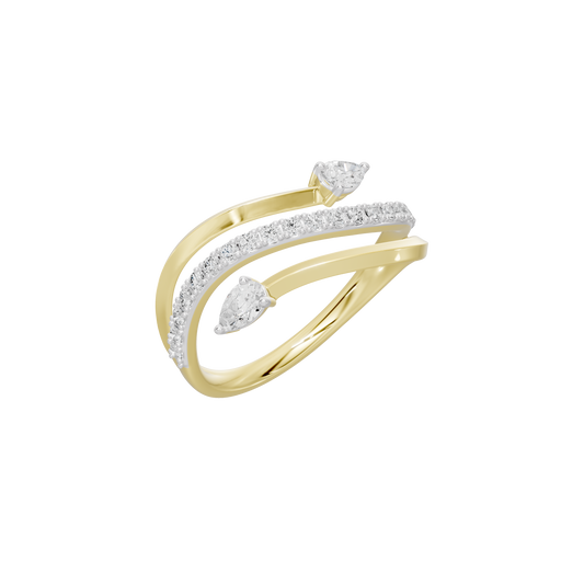 Yellow gold vermeil diamond ring, angled view with three prong-set stones