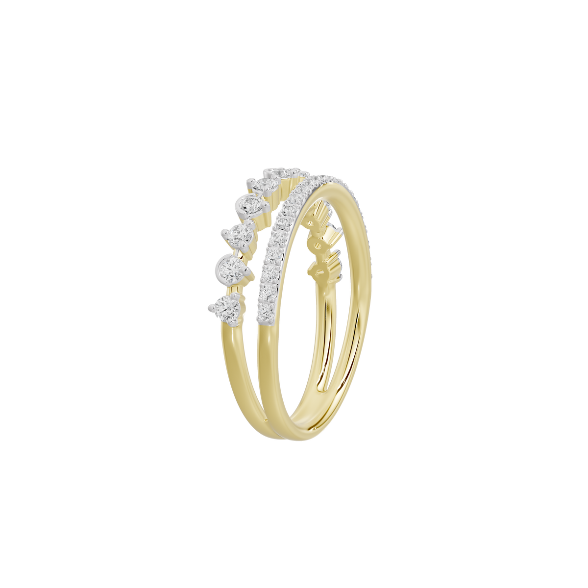 Yellow gold vermeil ring with diamond row halo and curved band profile