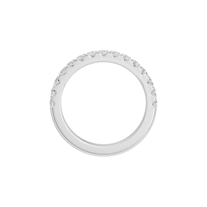 Eternity ring with lab diamonds set along the top half of a white metal band