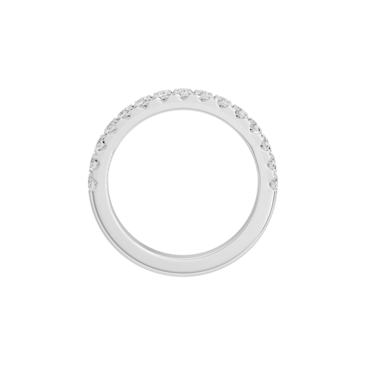 Eternity ring with lab diamonds set along the top half of a white metal band