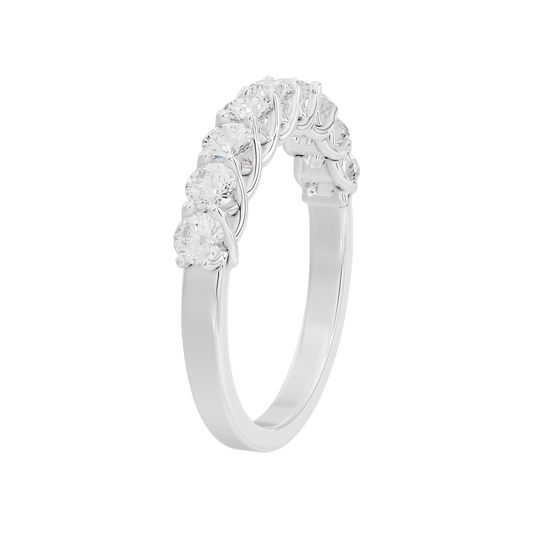 Sterling silver lab diamond half-eternity ring, side view with round stones and prongs