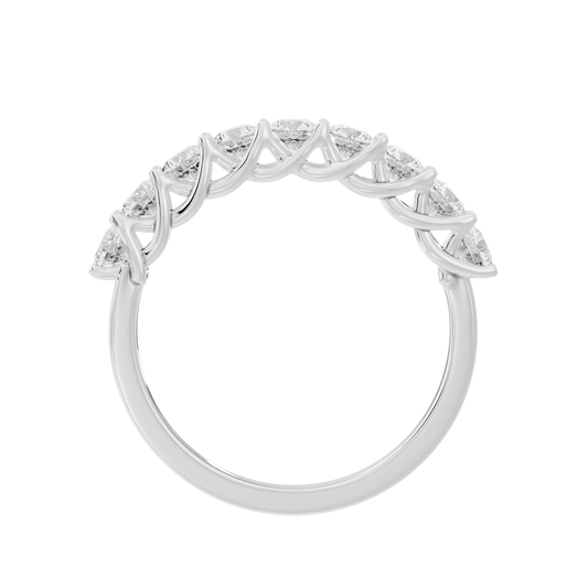 Sterling silver lab diamond half-eternity ring, top view with evenly spaced round stones