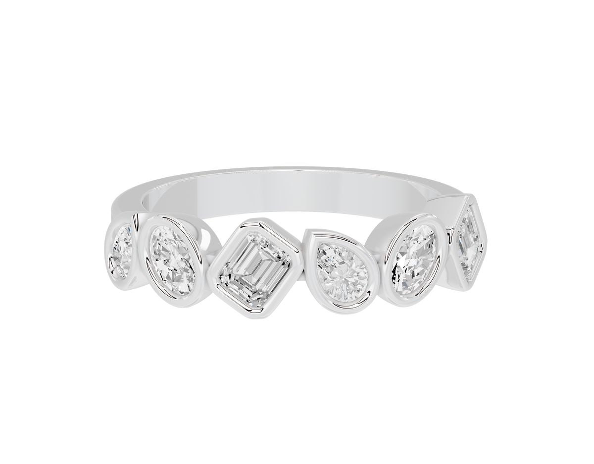 Sterling silver eternity band ring with round and baguette lab diamond settings