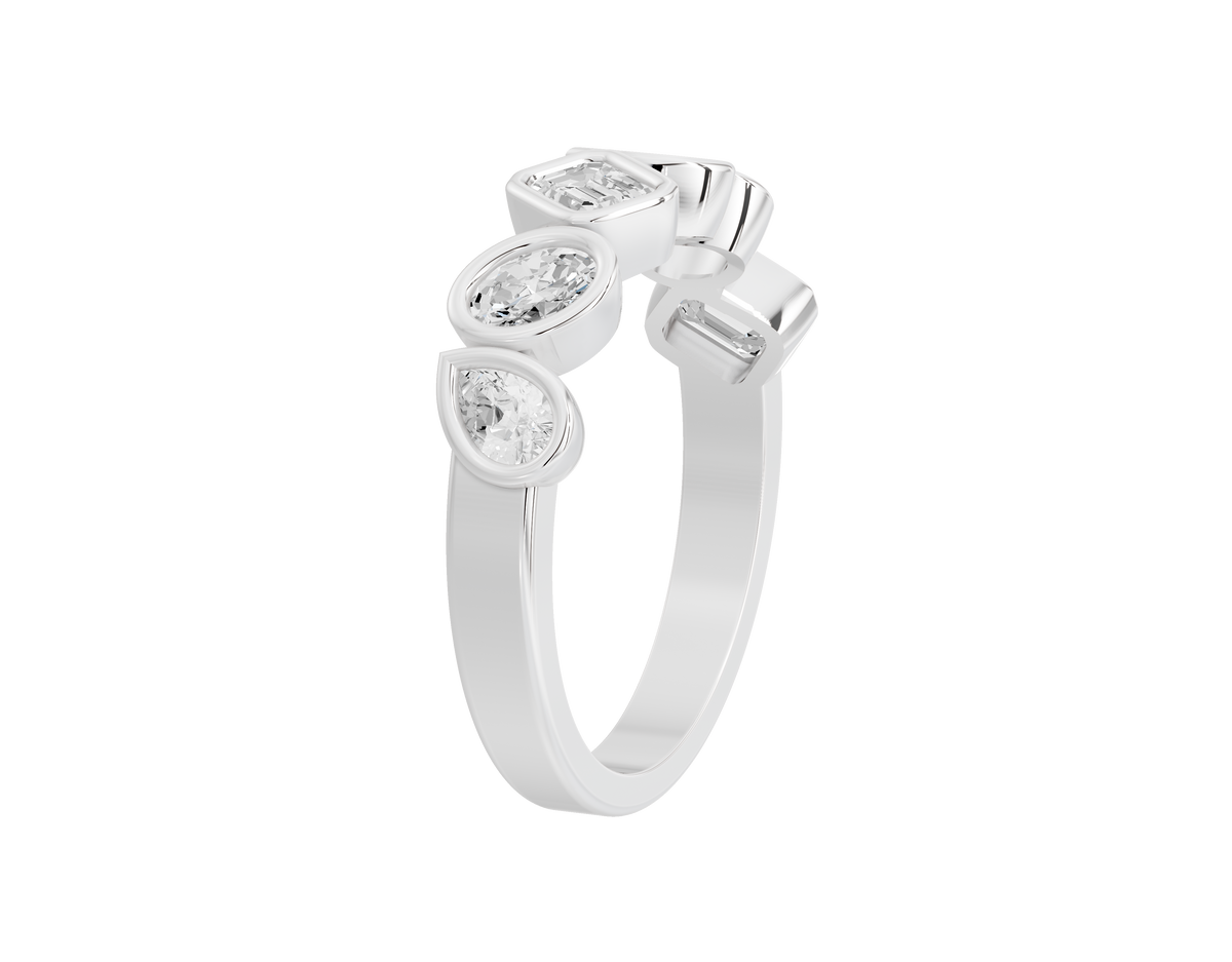 Sterling silver eternity band ring with five round and baguette lab diamonds