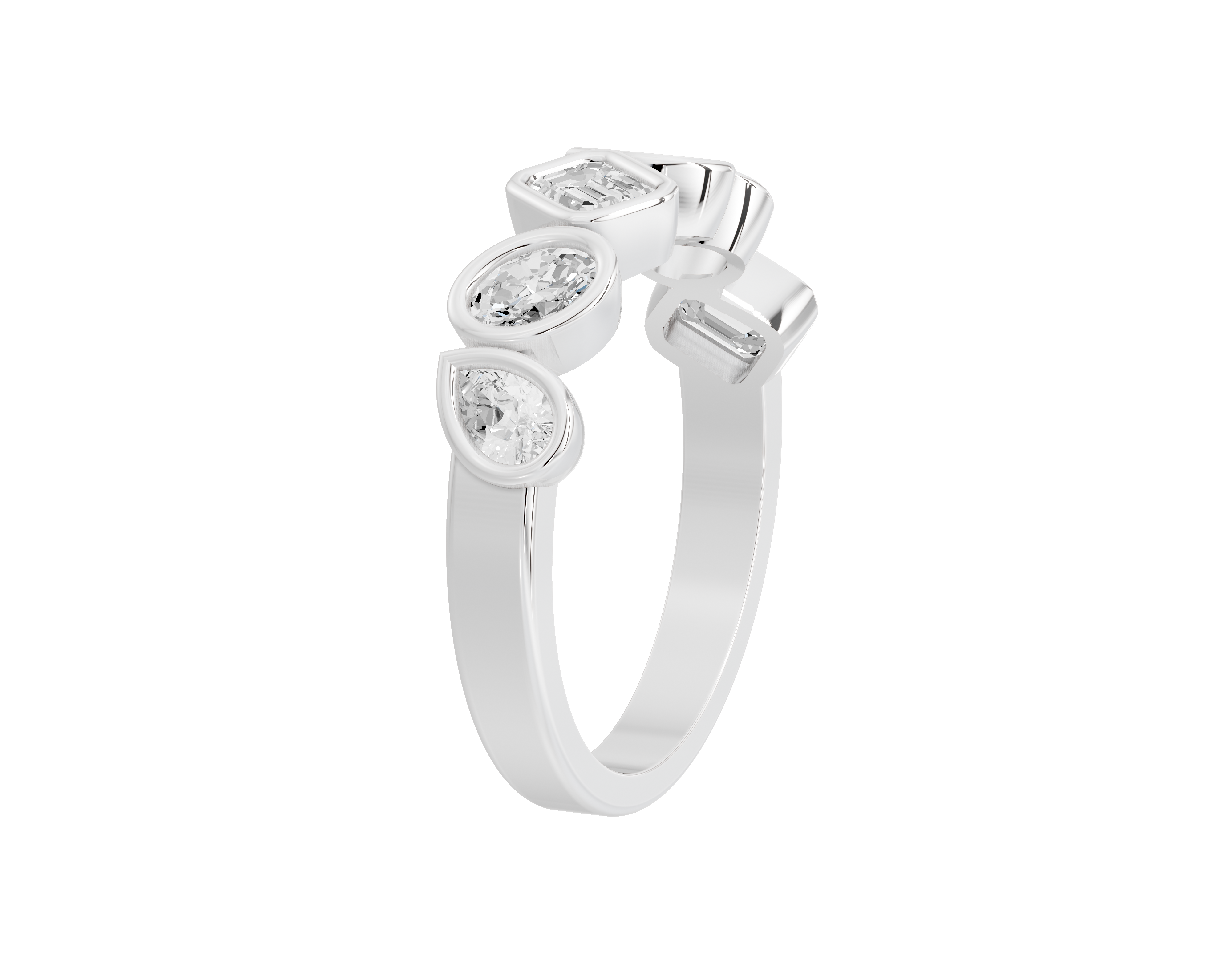 Silver ring with three diamonds on a white background