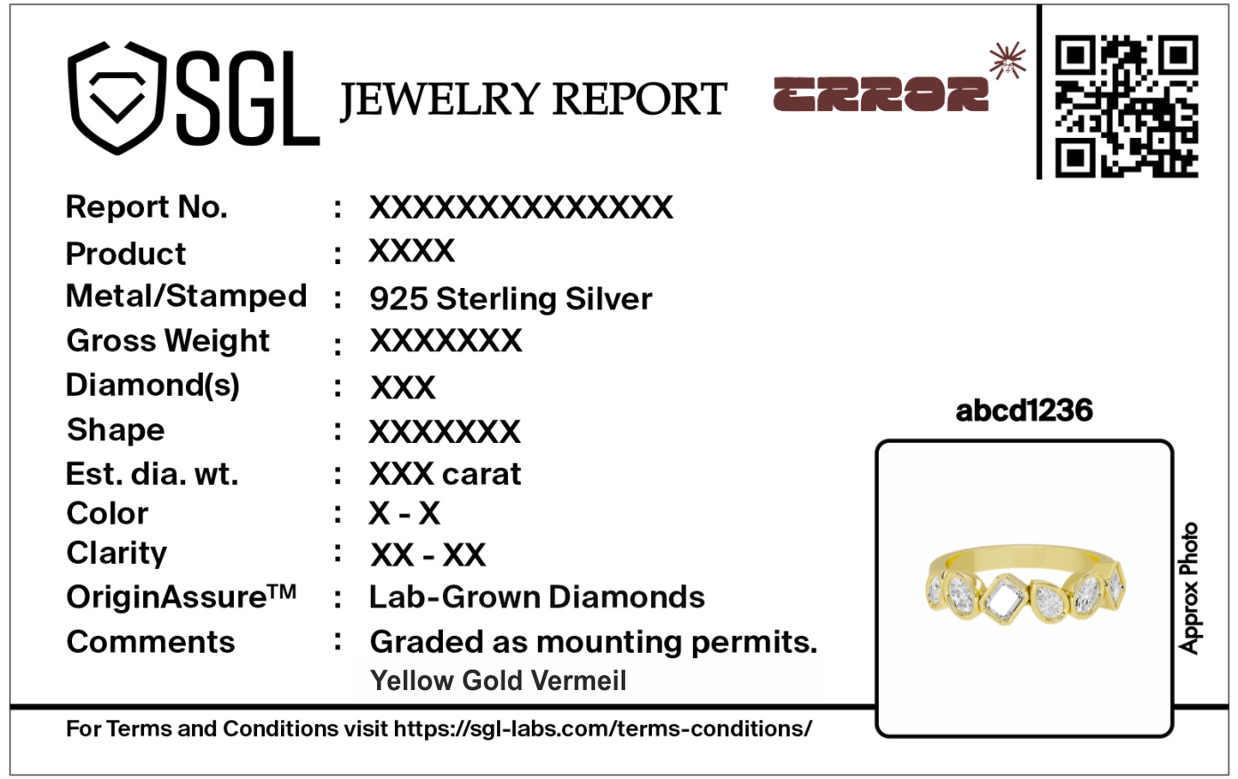SGL Jewelry Report with product details and a QR code on a white background