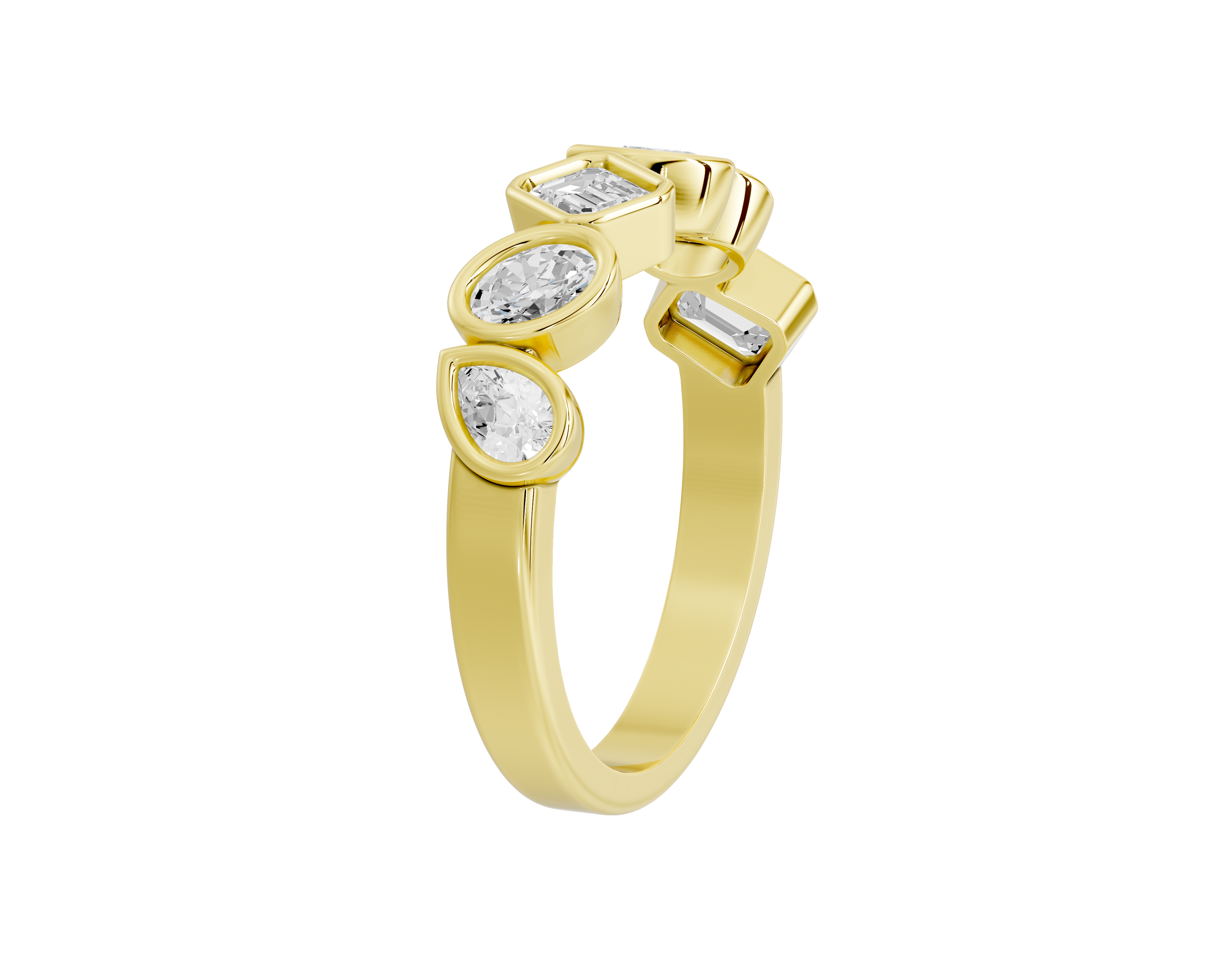 Gold ring with three diamond-like stones on a white background