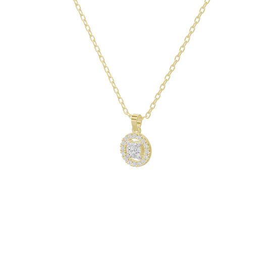 Yellow gold vermeil diamond pendant necklace with round halo setting