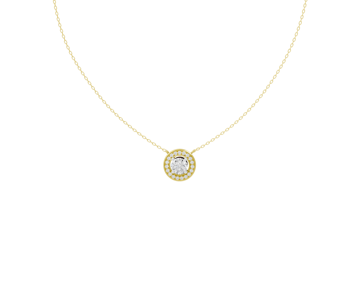 Yellow gold necklace with round lab diamond halo pendant on chain