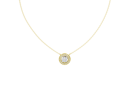 Yellow gold necklace with round lab diamond halo pendant on chain