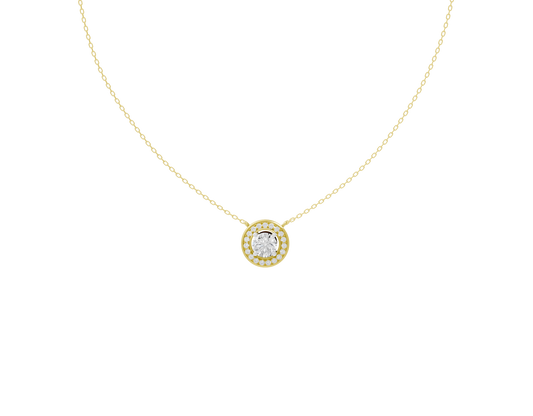 Yellow gold necklace with round lab diamond halo pendant on chain