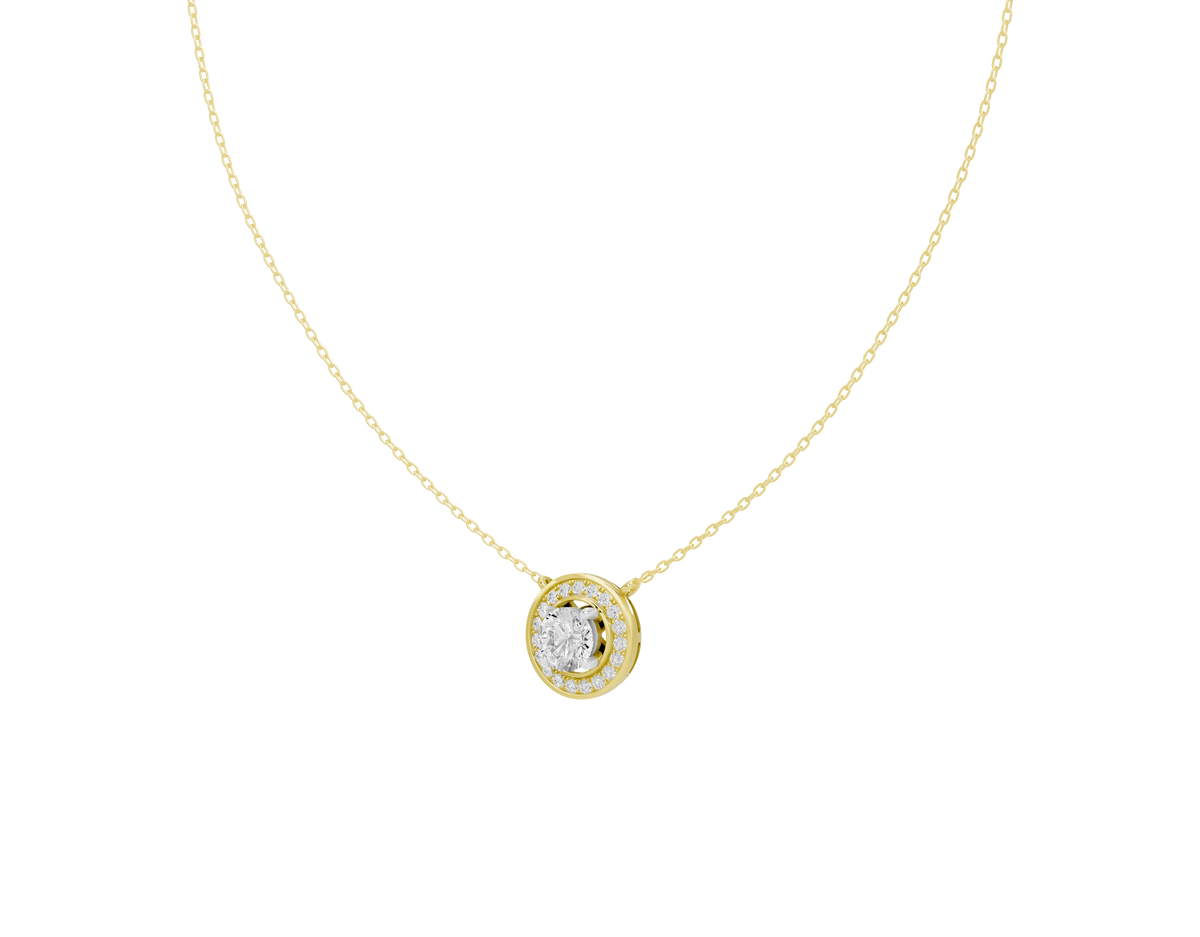 Round lab diamond halo pendant on yellow gold chain